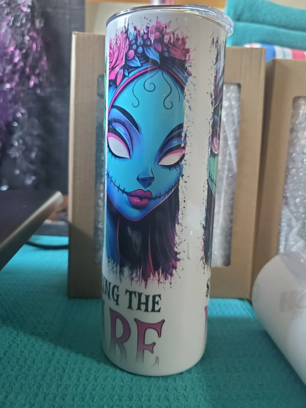 Nightmare Inspired Skinny Tumbler with Neon Blue & Pink Character Art